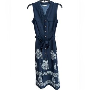 Croft & Barrow Navy Sleeveless Button-Front Maxi Dress Floral Print Pockets